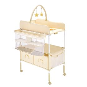 Baby Changing Table, Foldable Diaper Change Station with 2 Fabric Drawers, Side Basket & Hanging Rod